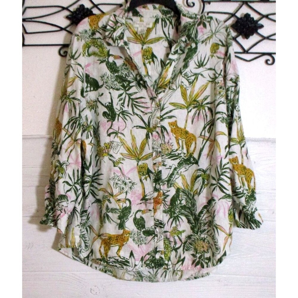 Rachel Zoe Linen Button Up Top Women's Size 1X Long Sleeve Multicolor Floral